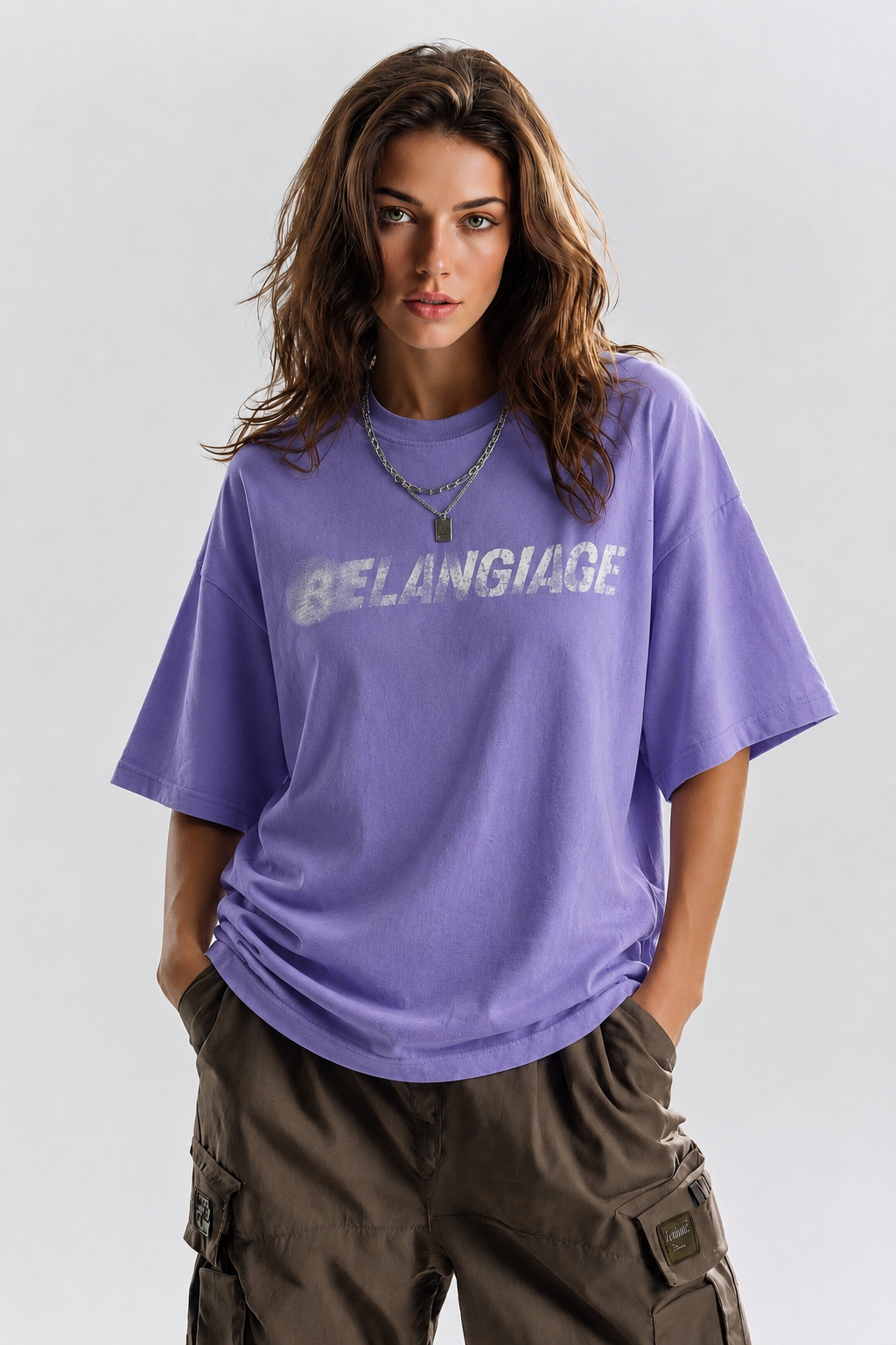 BELANGIAGE Front Print Oversized Tee – Purple