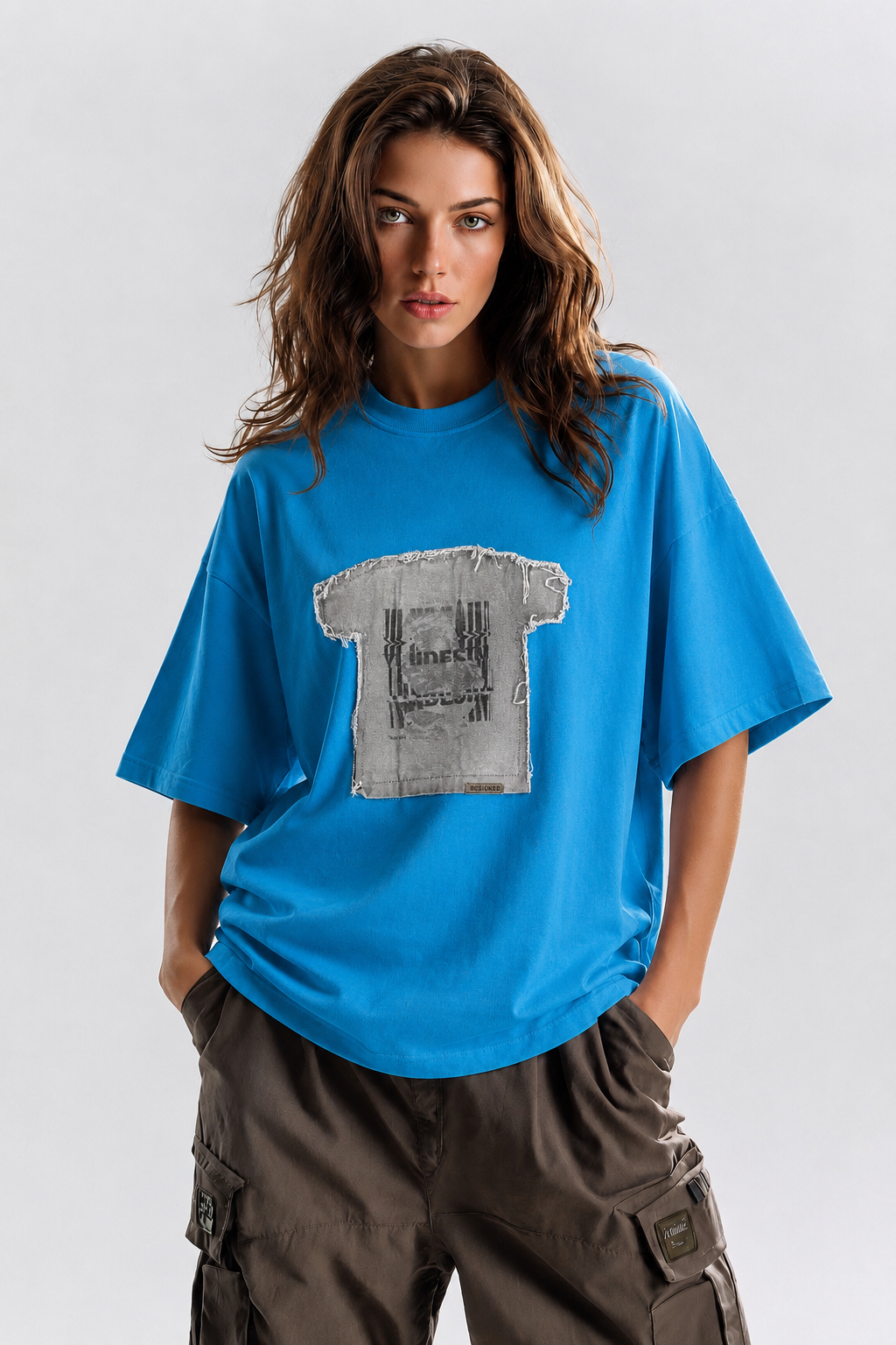 Grunge Patch Graphic Oversized Tee – Cobalt Blue