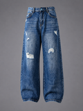Mid Blue Washed Ripped Balloon Leg Jeans