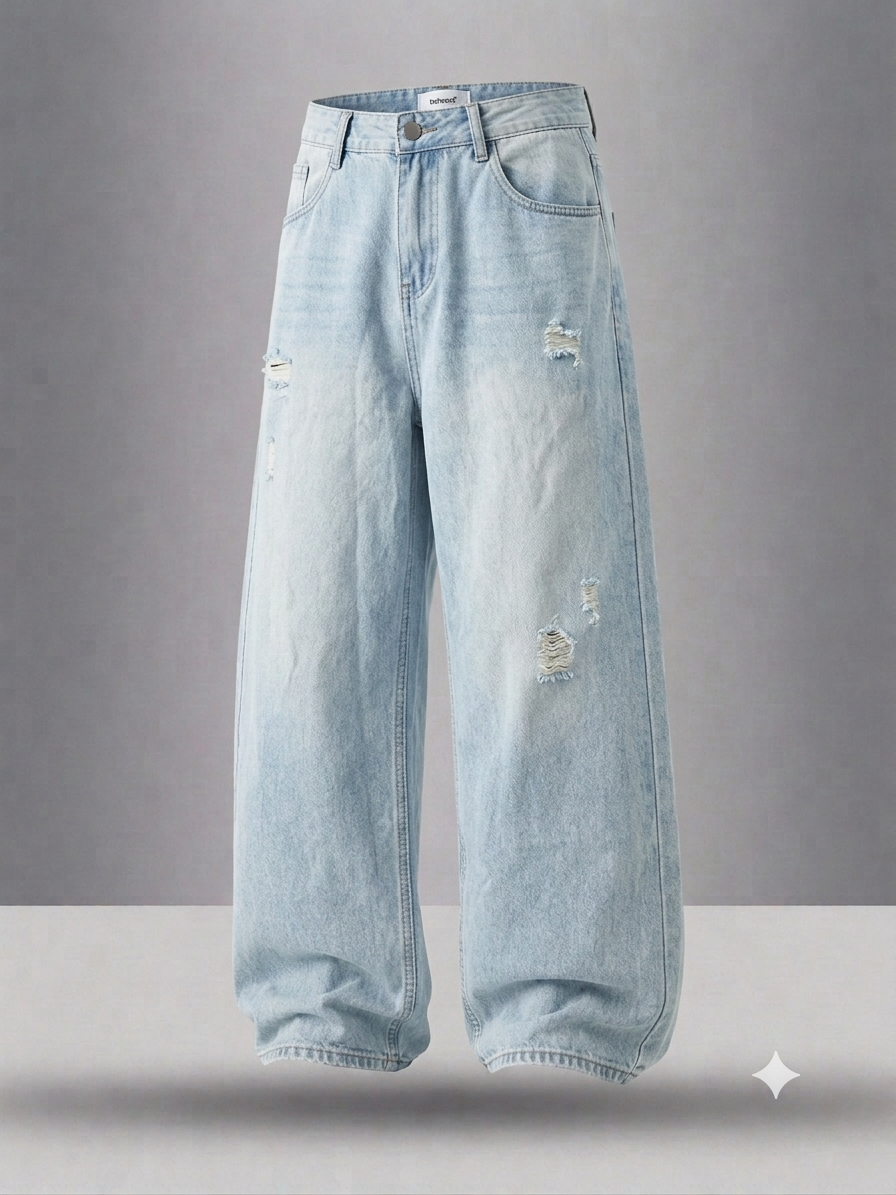 Ice Blue Distressed Balloon Leg Jeans