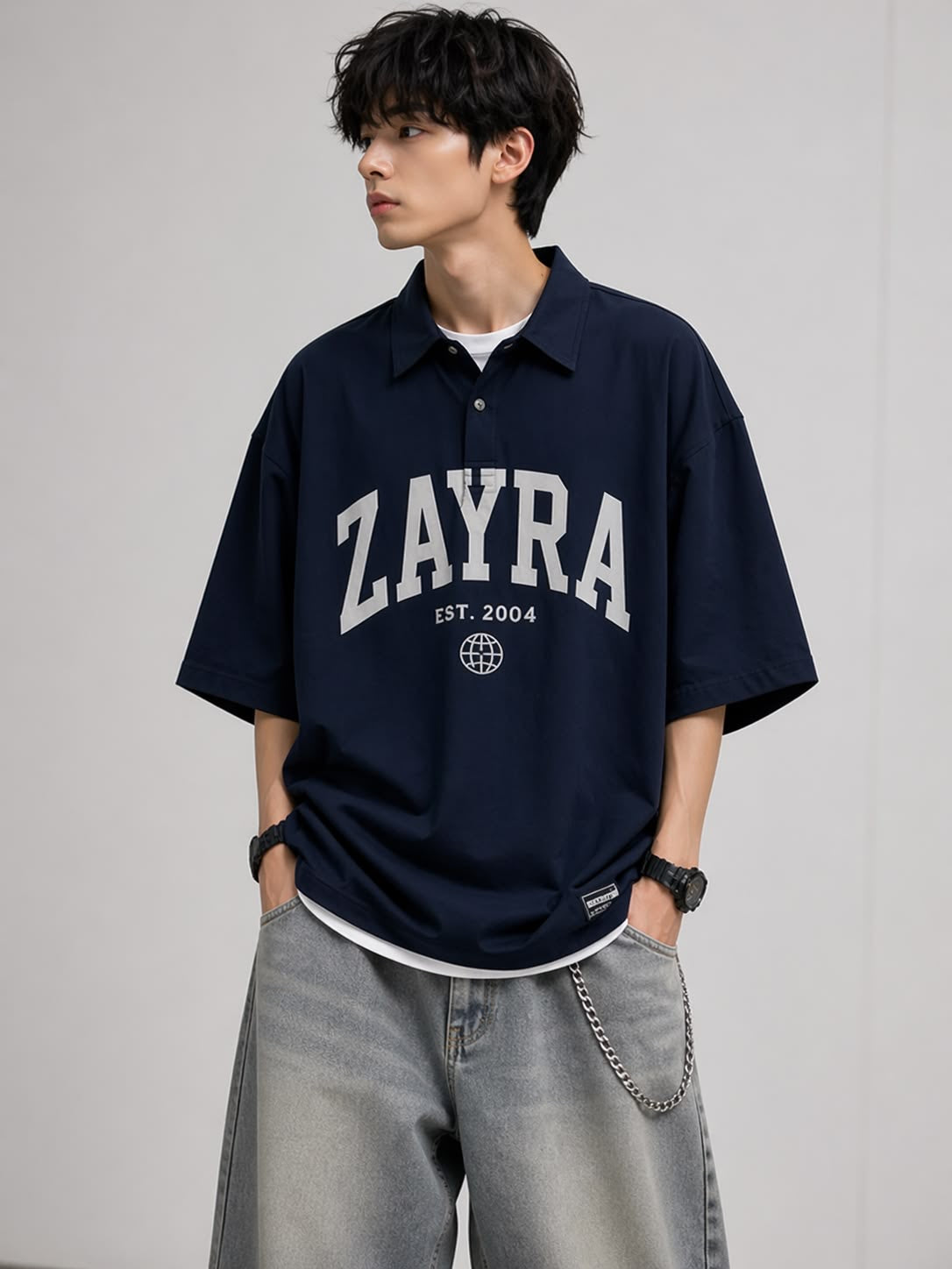 ZAYRA EST. 2004 Varsity Oversized Polo – Navy Blue