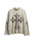 Gothic Cross Graphic Oversized Long Sleeve Tee – Cream