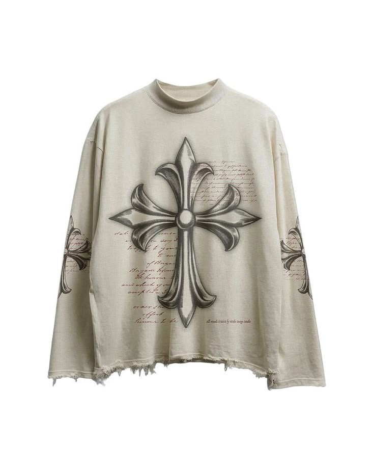 Gothic Cross Graphic Oversized Long Sleeve Tee – Cream